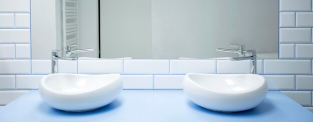 Foto nahaufnahme von zwei symmetrischen waschbecken in einem hellen badezimmer mit weißen fliesen und einem spiegel