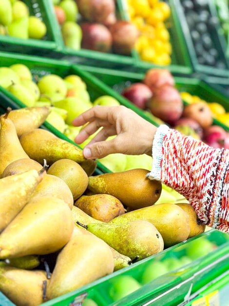 Nahaufnahme weiblicher Hände, die Früchte auf dem Markt nehmen, schöne, hübsche junge Frau im Pullover, die grünes Blattgemüse im Lebensmittelgeschäft absucht