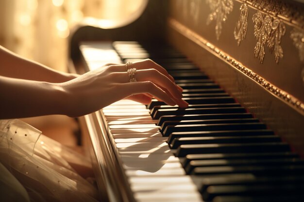 Nahaufnahme weiblicher Hände, die mithilfe von KI auf Klaviertasten spielen