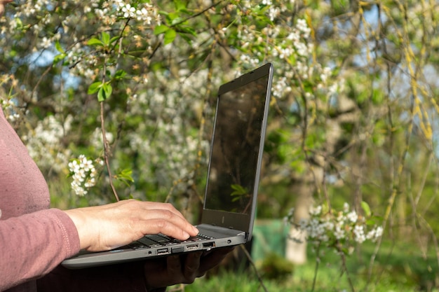 Nahaufnahme weiblicher Hände mit einem Laptop auf dem Hintergrund eines blühenden Gartens