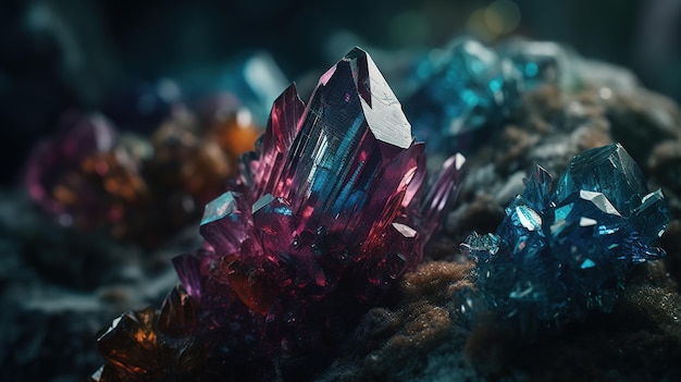 Nahaufnahme wunderschöner Kristalle mit strahlendem Glanz und einzigartiger generativer KI-Formation