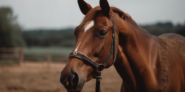 Nahaufnahmeaufnahme eines schönen braunen Pferdes mit einem edlen Blick, der auf dem Feld steht