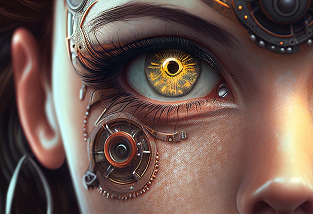 Nahaufnahmeaugen der weiblichen Cyborg-künstlichen Intelligenzillustration AI generative