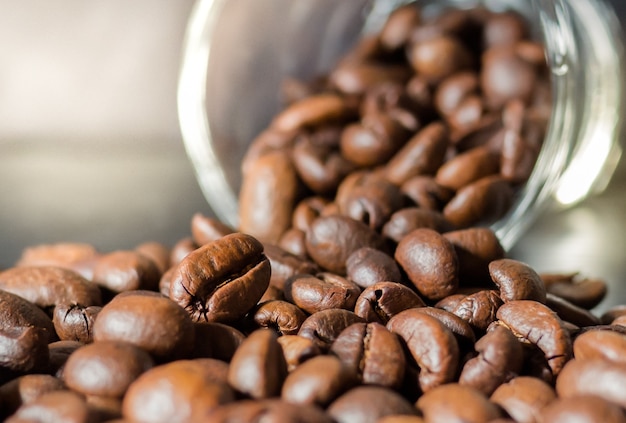 Nahaufnahmebild, Kaffeebohnen mit Glasflasche und Sonnenlicht