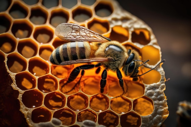 Nahaufnahmedarstellung von Bienen in einem Bienenstock der Honig-AI-Generation