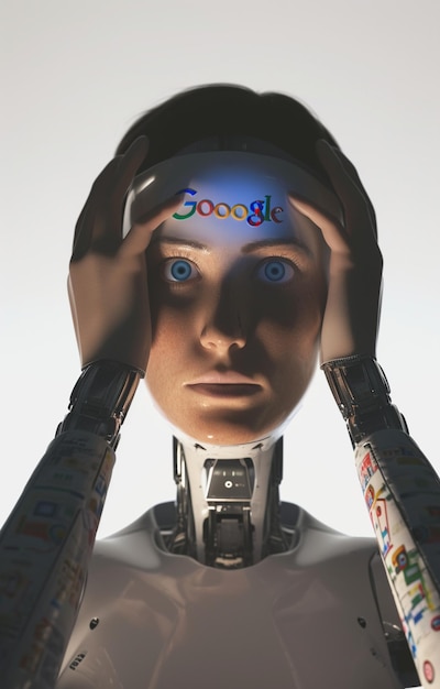 Nahaufnahmefoto einer schönen weiblichen Google-Roboter-KI, die frustriert die Hände an den Kopf hält