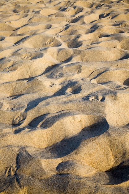 Nahaufnahmefoto von Sand und Boden, eine echte Nahaufnahme eines Teils der Erdkruste, gewöhnlicher einfacher brauner Boden in einem Feld