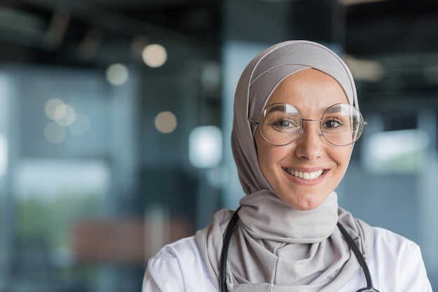 Nahaufnahmefotoporträt einer muslimischen Ärztin in grauem Hijab Ärztin lächelnd und betrachtend