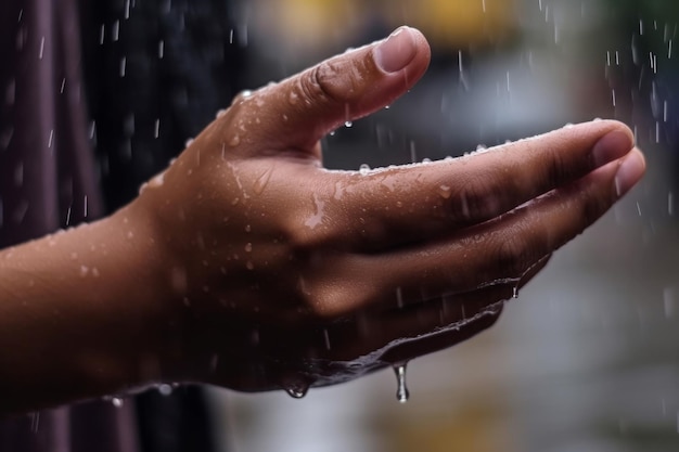 Nahaufnahmehand im Regen Generieren Sie Ai