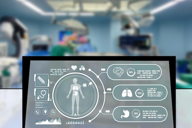 Nahaufnahmen und Analysen bei Hologramm menschliche Anatomie und Skelett Merkmal der medizinischen Wissenschaft im Operationssaal Virtueller Körper HiTech-Diagnosepanel Klinikforscher und Medizin