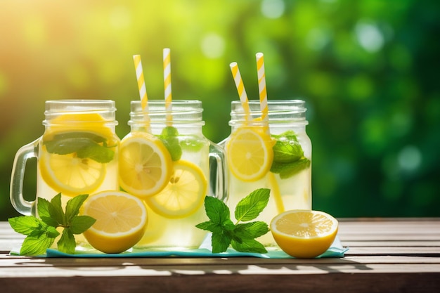 Nahaufnahmen von erfrischender Limonade in Glasen mit Zitronenscheiben