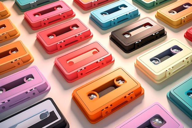 Nahaufnahmen von farbenfrohen Vintage-Kassettenbändern, minimale Szenen, 3D-Rendering, KI-Generation