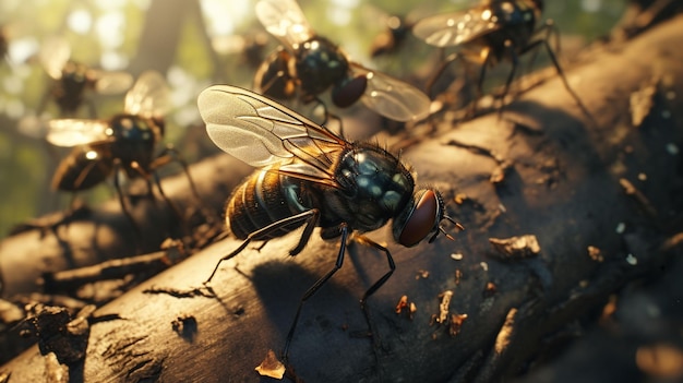 Nahaufnahmen von Fliegen, die kleine Insekten im Wald fressen