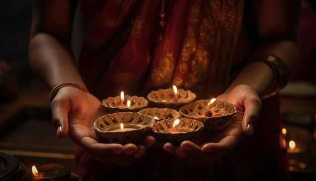 Foto nahaufnahmen von händen, die diyas-öllampen oder weihrauch halten