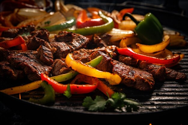 Foto nahaufnahmen von sizzling fajitas auf einer castiron-pfanne