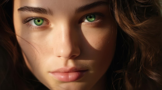 Nahaufnahmeporträt einer jungen Frau mit ruhig aussehenden grünen Augen, KI-generiert