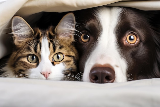 Nahaufnahmeporträt einer Katze und eines Hundes, die auf einem Bett unter einer Decke liegen