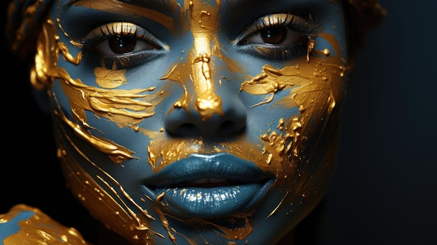 Nahaufnahmeporträt einer schönen Frau mit Gold und kreativem Make-up