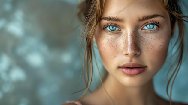 Foto nahaufnahmeporträt einer schönen jungen frau mit freckles auf dem gesicht sie hat hellbraune haare und blaue augen und sie trägt ein weißes kleid