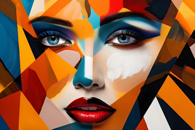 Nahaufnahmeporträt einer schönen jungen Frau mit kreativem Make-up und abstraktem, farbenfrohem Hintergrund