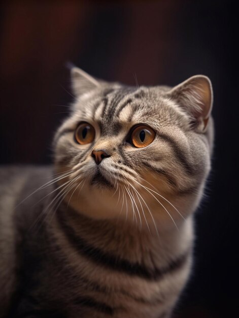 Nahaufnahmeporträt einer schottischen Faltkatze auf schwarzem Hintergrund