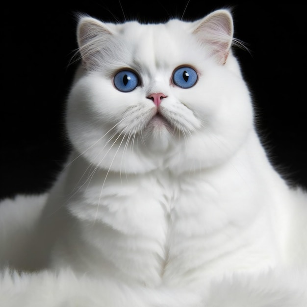 Nahaufnahmeporträt einer weißen Katze mit blauen Augen auf schwarzem Hintergrund