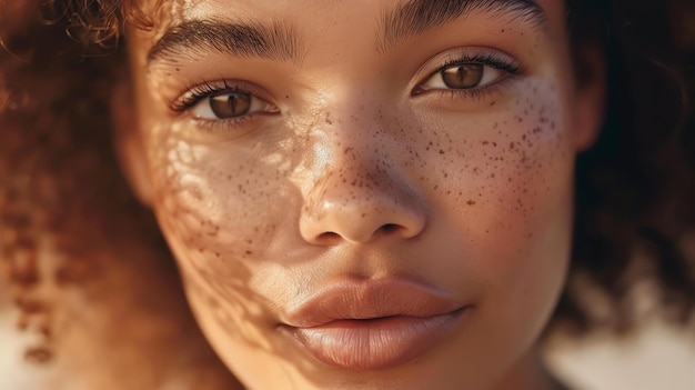 Foto nahaufnahmeporträt einer wunderschönen jungen frau mit freckles auf dem gesicht sie hat hellbraune augen und lockiges haar