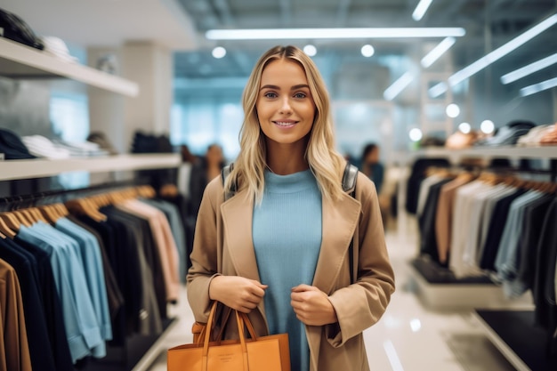 Nahaufnahmeporträt einer zufriedenen Fashionista-Käuferin mit Papiertüten