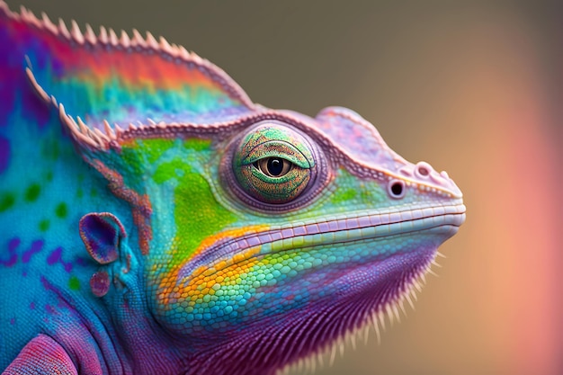 Nahaufnahmeporträt eines Chamäleons mit heller exotischer Haut in bunten Farben Generative KI-Illustration