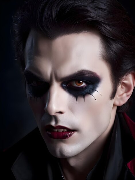 Foto nahaufnahmeporträt eines gruseligen vampirs in einem dunklen raum zu halloween