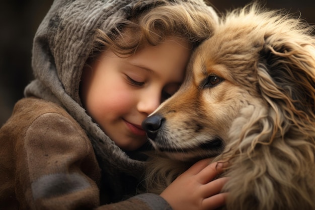 Nahaufnahmeporträt eines kleinen Jungen in Herbstkleidung mit einem Freund Hund Kinder Hunde Freundschaft Konzept