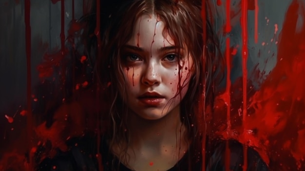 Nahaufnahmeporträt eines Mädchens mit Blut auf ihrer fakegenerativen KI