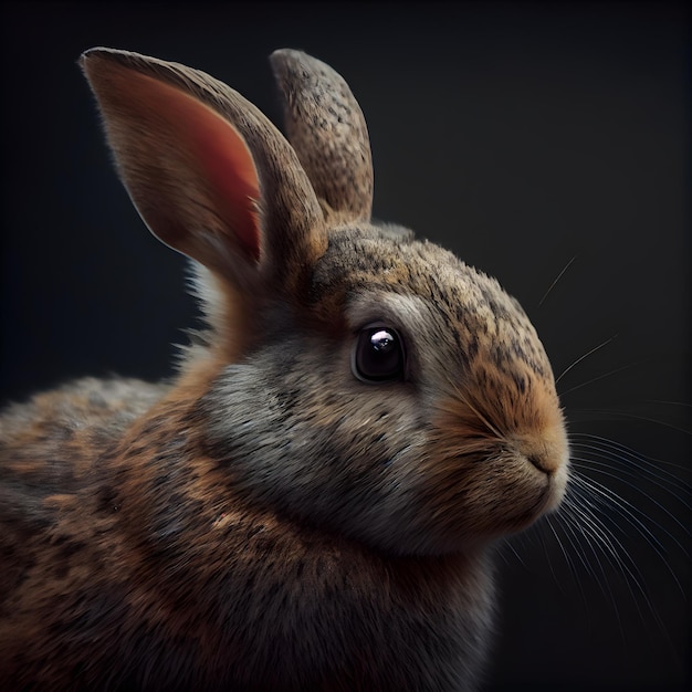 Nahaufnahmeporträt eines niedlichen braunen Kaninchens auf schwarzem Hintergrund