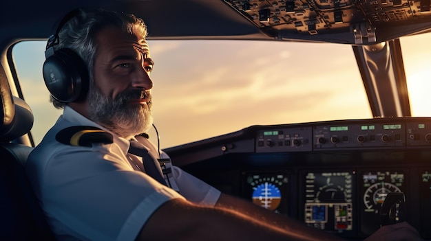 Nahaufnahmeporträt eines Piloten im Cockpit eines Flugzeugs