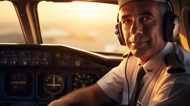 Nahaufnahmeporträt eines Piloten im Cockpit eines Flugzeugs