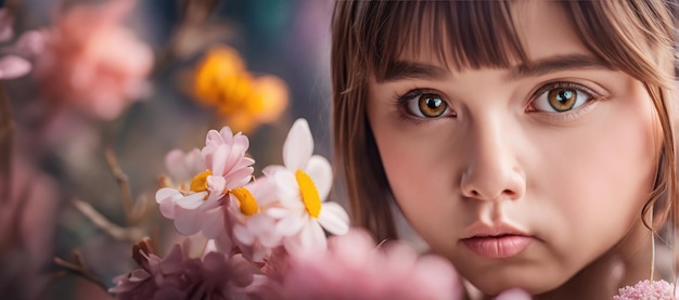 Nahaufnahmeporträt eines schönen Mädchens mit Blumen auf dem Kopf auf dunklem Hintergrund, das in die Kamera blickt