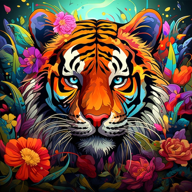 Nahaufnahmeporträt eines Tigerkopfes mit Blumen