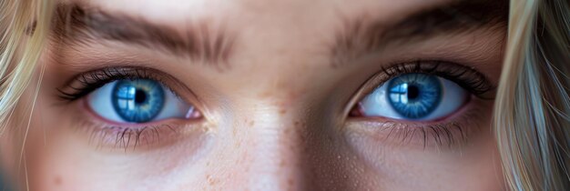 Nahaufnahmeporträt junger schöner Frauen mit blauen Augen, die in die Kamera schauen Makro-Gesicht einer wunderschönen blonden kaukasischen Frau