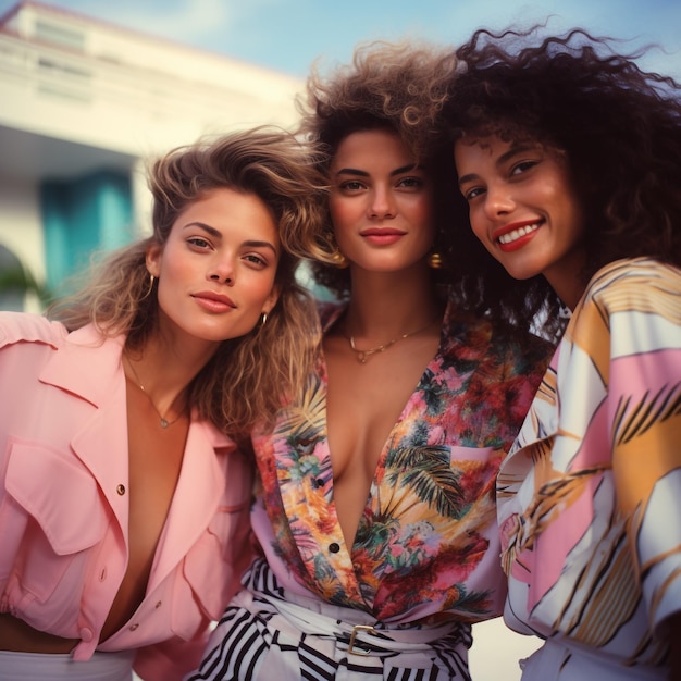 Nahaufnahmeporträt von drei Freunden in den 1980er Jahren