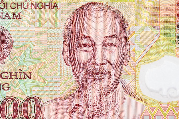 Nahaufnahmeporträt von Ho Chi Minh auf der vietnamesischen Banknote, vietnamesisches Papiergeld