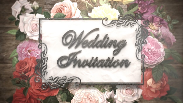 Nahaufnahmetext Hochzeitseinladung und Vintage-Rahmen mit Sommerblumen, Hochzeitshintergrund