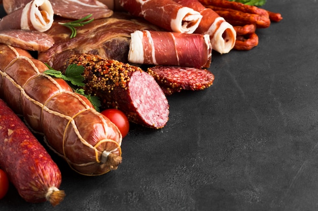 Nahaufnahmevielfalt des köstlichen Fleisches auf dem Tisch