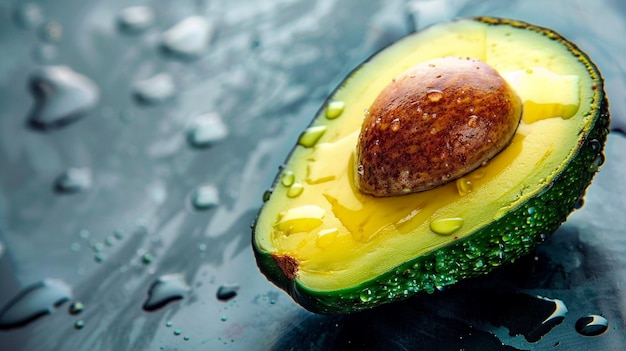 Nahaufschnitt Abschnitt der halben Avocado im Wasser Fliegen mit Wasser Spritzen in der Luft mit hoher Geschwindigkeit