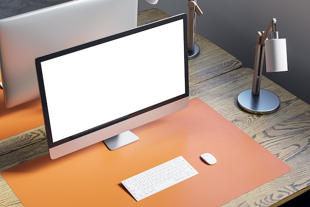 Nahaufsicht und Überblick über einen Designer-Büro-Schreibtisch mit weißem Computer-Display auf einer Holztischteppichlampe und anderen Gegenständen Mock-up 3D-Rendering