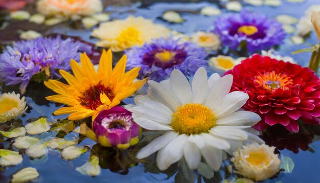 Nahaufsicht von oben auf ein mit Wasser und Blumen gefülltes Bad Spa oder Selbstpflege-Konzept schöne Natur