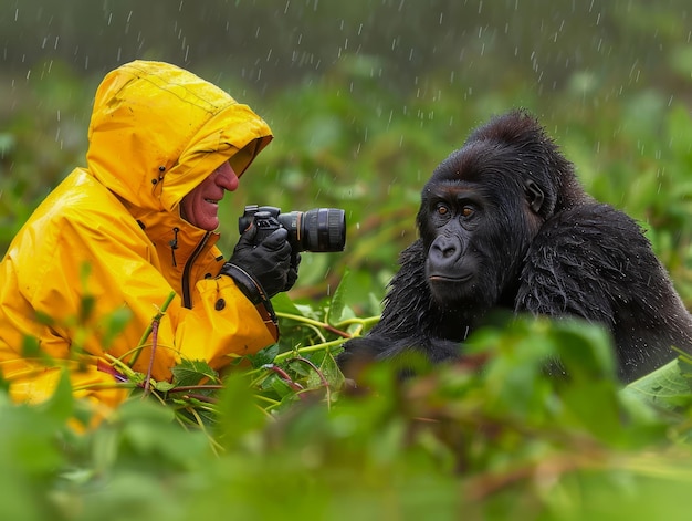 Nahe Begegnung mit dem majestätischen Gorilla im natürlichen Lebensraum Fotograf in gelbem Regenmantel