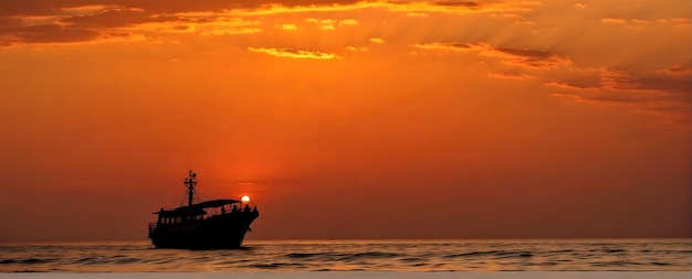 Naher Osten Sonnenuntergang auf einer Seeboot-Silhouette dramatische orangefarbene Wolken