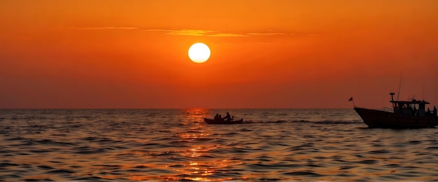Naher Osten Sonnenuntergang auf einer Seeboot-Silhouette dramatische orangefarbene Wolken