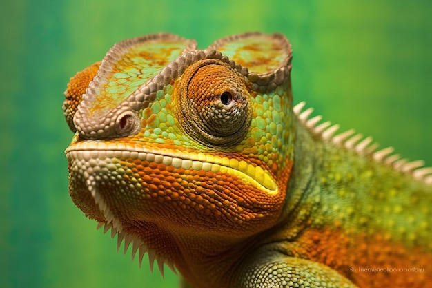Nahes Chamäleonporträt mit grünem Hintergrund