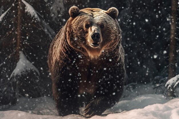 Nahes Porträt eines wilden großen braunen Bären im Winterwald